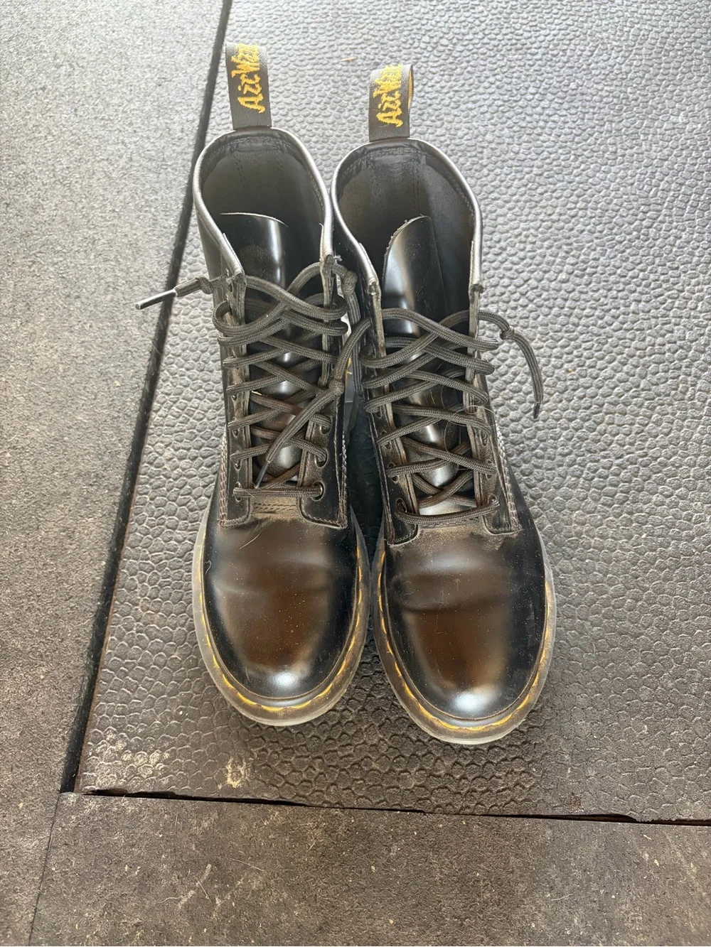 Dr. Martens Black Leather 8-Eye Lace-Up Boots with Yellow Stitching